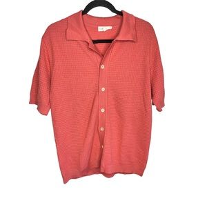 Far Afeild Men’s Sz Large Coral Pink Knit Collared Short Sleeve Cardigan Sweater